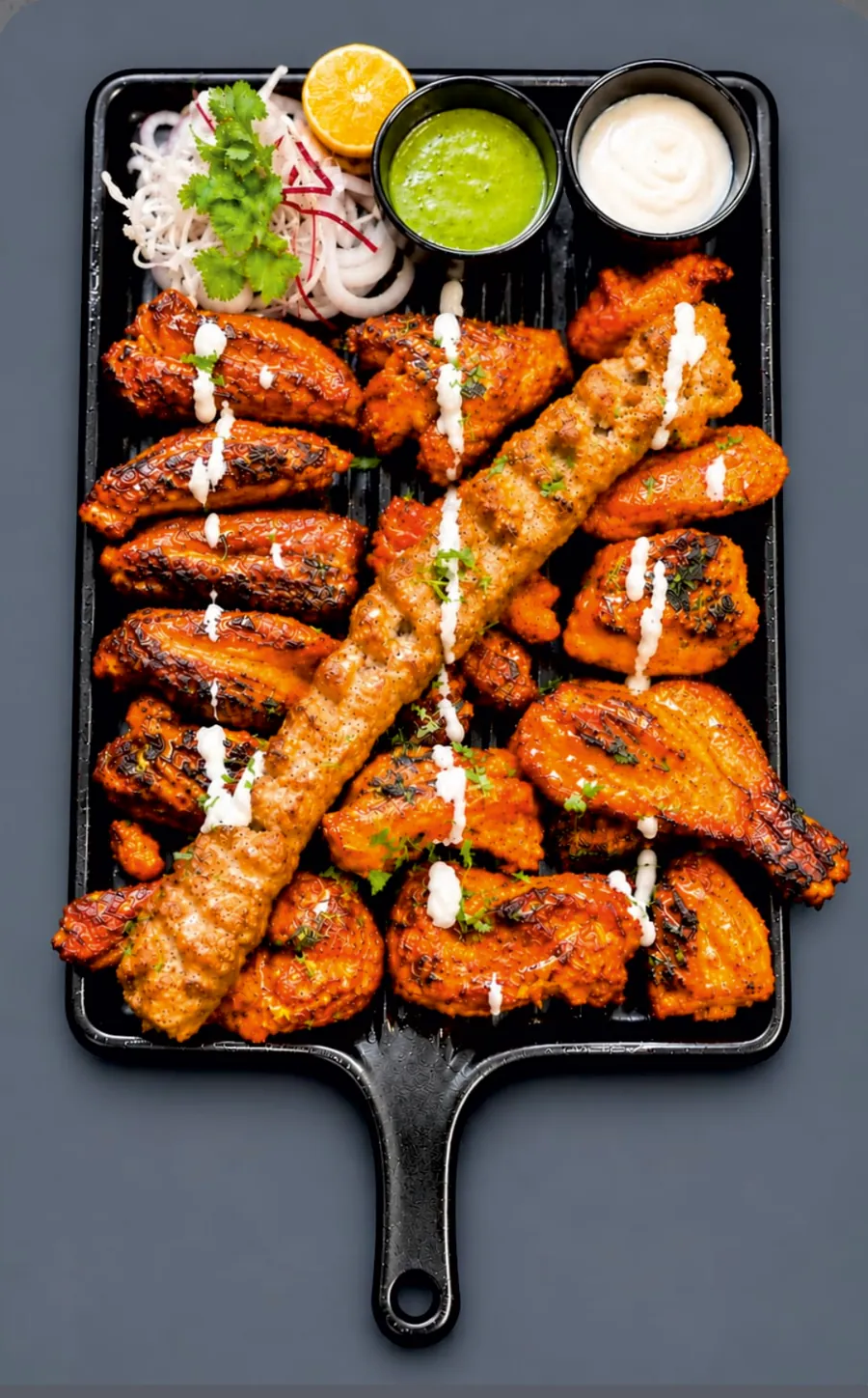 Special platter with bone: seekh kebab, with-bone tikka and wings