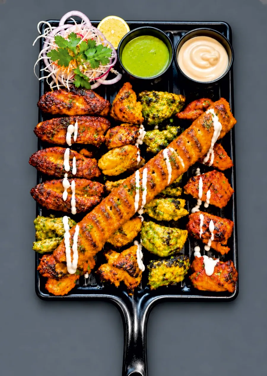 Classic platter: seekh kebab, small boneless tikka and wings
