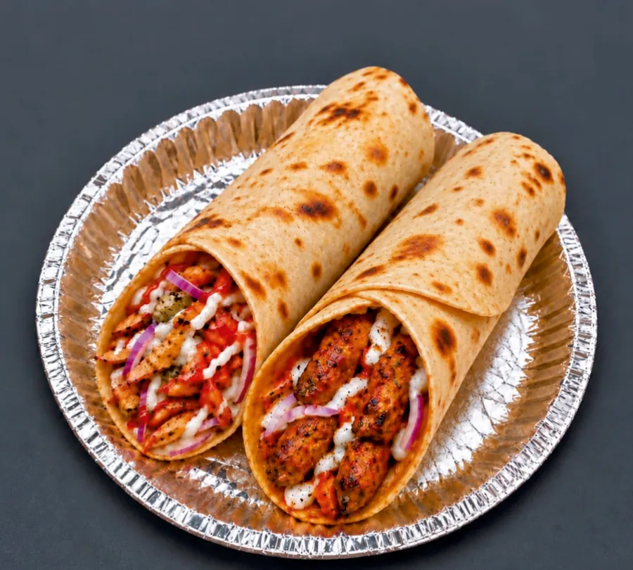 Two tandoori rolls cut open on a foil plate